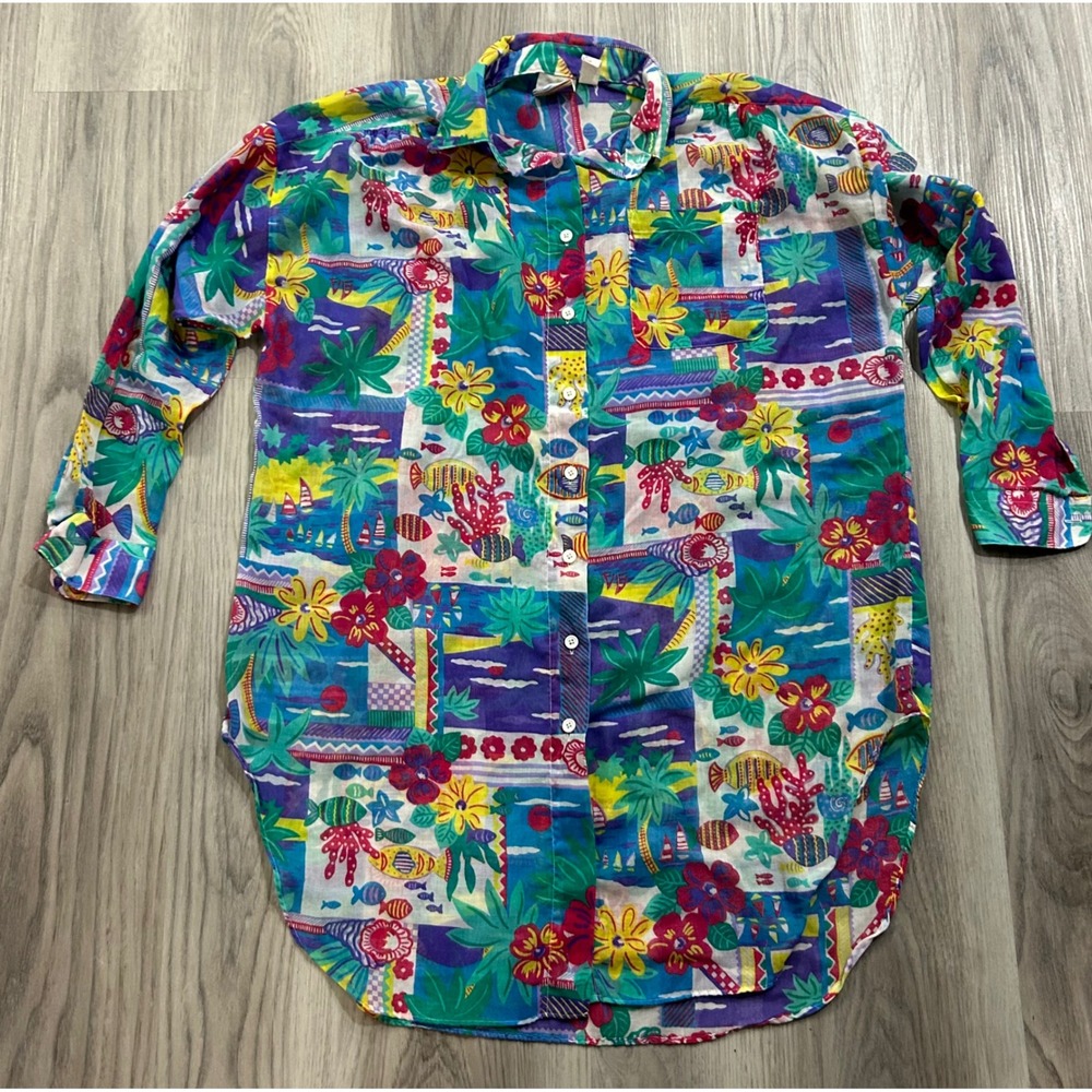 Beached Vintage‎ Tropical Fish Palm Tree Button Down Shirt Multicolor Medium